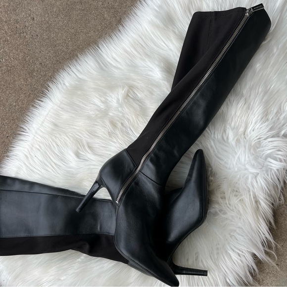 Michael Kors Black Leather Pointed Toe Stiletto Heel Knee High Boots - Picture 4 of 7